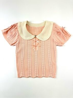 Coquette Peach Pointelle Knit Top Peter Pan Collar Bow Detail Y2K Style Small